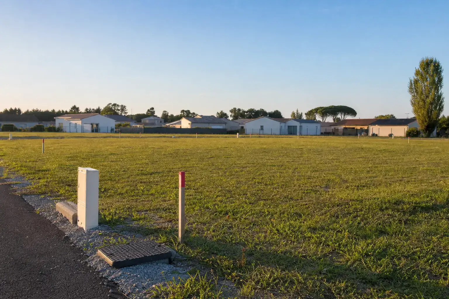 Terrain plat viabilisé en lotissement dans la plaine de l’est lyonnais, bornes de raccordement en attente