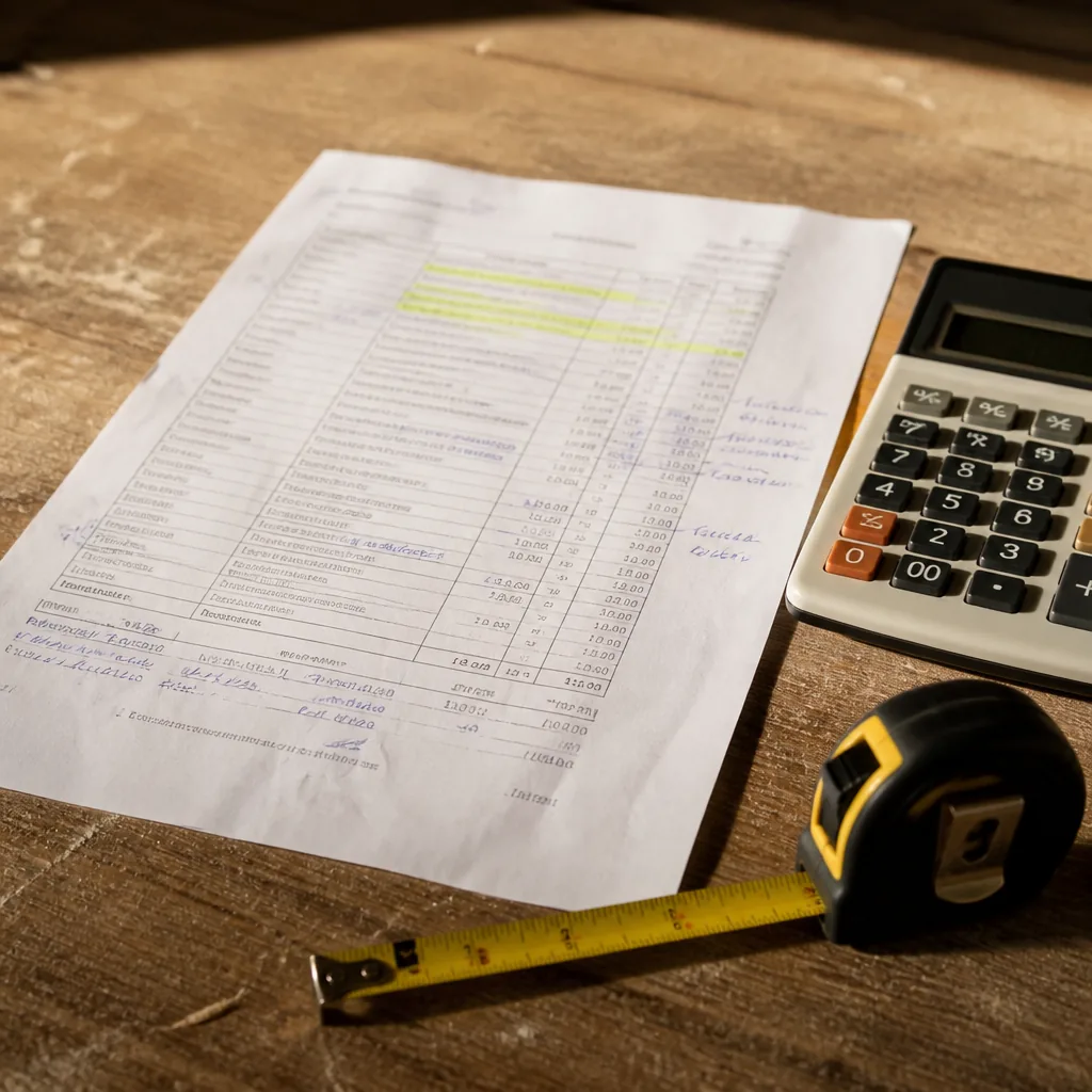 Devis de construction annoté à la main à côté d’une calculatrice et d’un mètre ruban